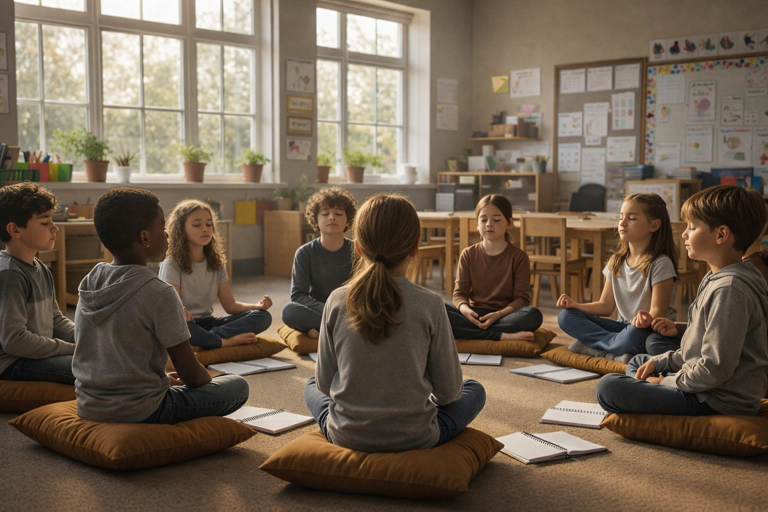 Klasse meditiert im Schulraum